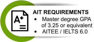 •	Master degree GPA          of 3.25 or equivalent •	AITEE / IELTS 6.0 AIT REQUIREMENTS